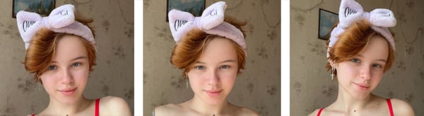 Young woman with red hair wearing a pink bunny ear headband, smiling softly in multiple close-up poses inside a cozy room with floral wallpaper.
