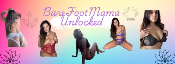 A woman posing in various lingerie outfits with colorful graphics and decorative elements around the text 'Barefootmama Unlocked'.