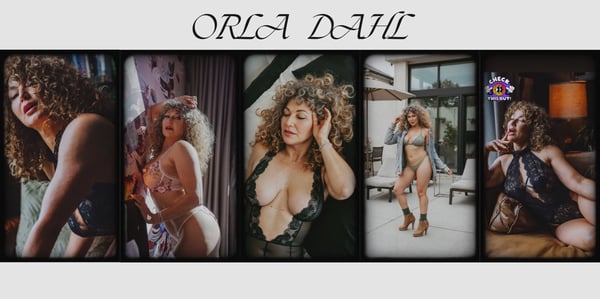 A series of photos featuring a woman with curly blonde hair posing confidently in lingerie and elegant attire in various indoor and outdoor settings.