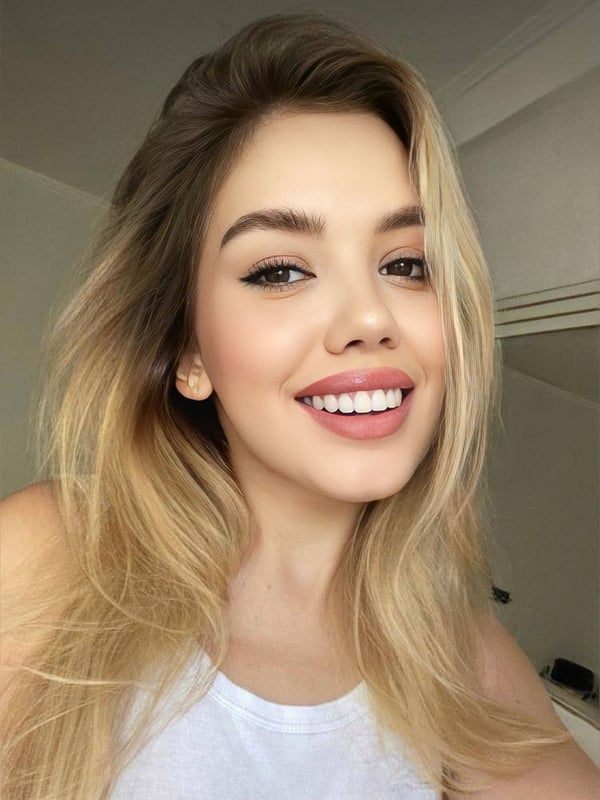 A young woman with long blonde hair smiling warmly at the camera, wearing a white top in an indoor setting.