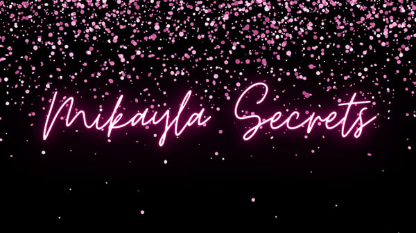 Glamorous pink neon text reading 'Mikayla Secrets' on a sparkling black background with pink glitter effects.