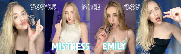 A young woman with blonde hair posing confidently in multiple selfies wearing casual tops against colorful backgrounds, with text overlay reading 'Mistress Emily'.