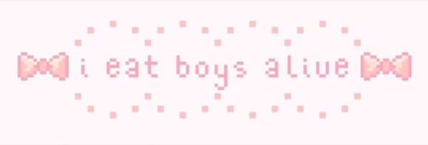 A soft pink pixel art banner with a playful bow design and text.