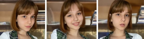 Young woman with short brown hair wearing a green plaid collared top, posing with different expressions in front of bookshelves.
