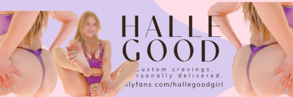 A woman in a purple swimsuit posing playfully with text overlay promoting custom content and her OnlyFans profile.