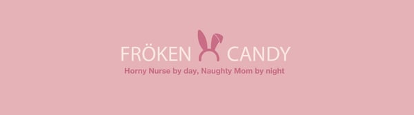 Pink banner with stylized text 'FRÖKEN CANDY' and tagline 'Horny Nurse by day, Naughty MILF by night'.