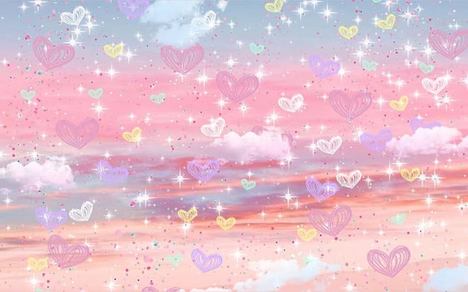 A whimsical digital artwork featuring floating pastel hearts, clouds, and sparkles in shades of pink, purple, and blue against a dreamy sunset sky.