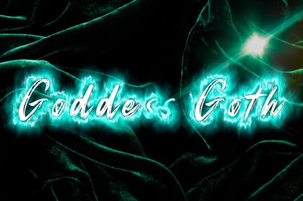 Glowing neon text reading 'Goddess Goth' on a dark green textured background with emerald highlights.