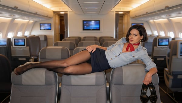 A woman in a flight attendant uniform lounging across airplane seats in a cabin with overhead lighting and screens.