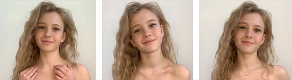 Three close-up portraits of a young woman with long wavy blonde hair, smiling softly at the camera against a plain background.