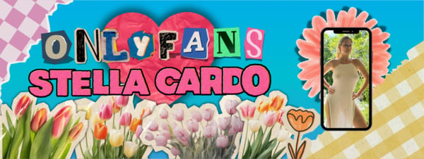 Colorful graphic design featuring OnlyFans branding, the creator's name, floral elements, and a small inset photo of a woman standing in a dress.