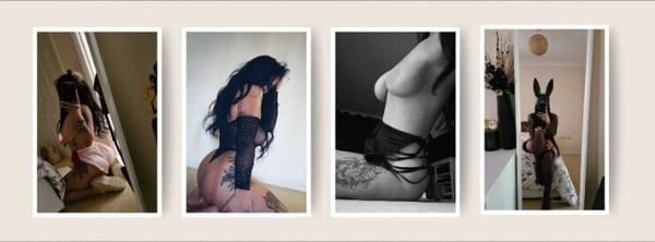 A woman posing in lingerie in various indoor settings, showcasing tattoos and curves.