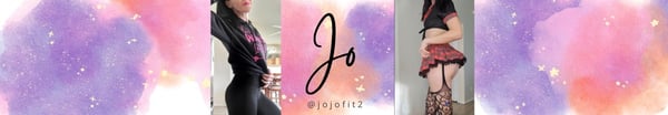 A woman posing confidently in stylish outfits with artistic purple and pink watercolor backgrounds and her name overlaid.