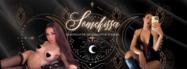 A woman posing confidently in stylish lingerie on a dark ornate background with mystical designs and her name overlaid.