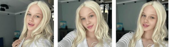 Three selfies of a young woman with long blonde hair smiling at the camera in a casual white top inside a modern room.