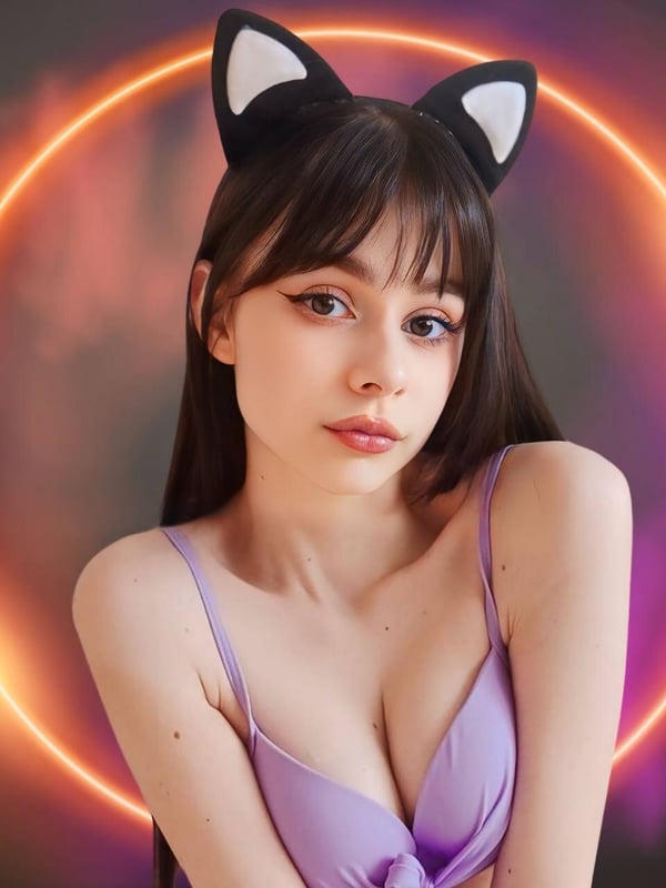 Close-up of a young woman with long dark hair and cat ears headband, wearing a purple strapless top, smiling softly with a glowing circular effect.