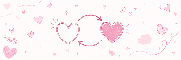 A pink and white illustration featuring two hearts with arrows and scattered small hearts on a light background.