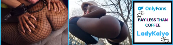 A woman posing in fishnet attire outdoors near trees, with OnlyFans promotional graphics overlaid.
