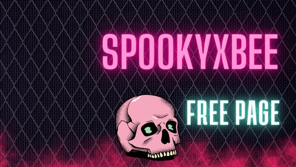 Neon pink text displaying 'SPOOOKYYX XBEE FREE PAGE' over a dark grid background with a glowing pink skull graphic.