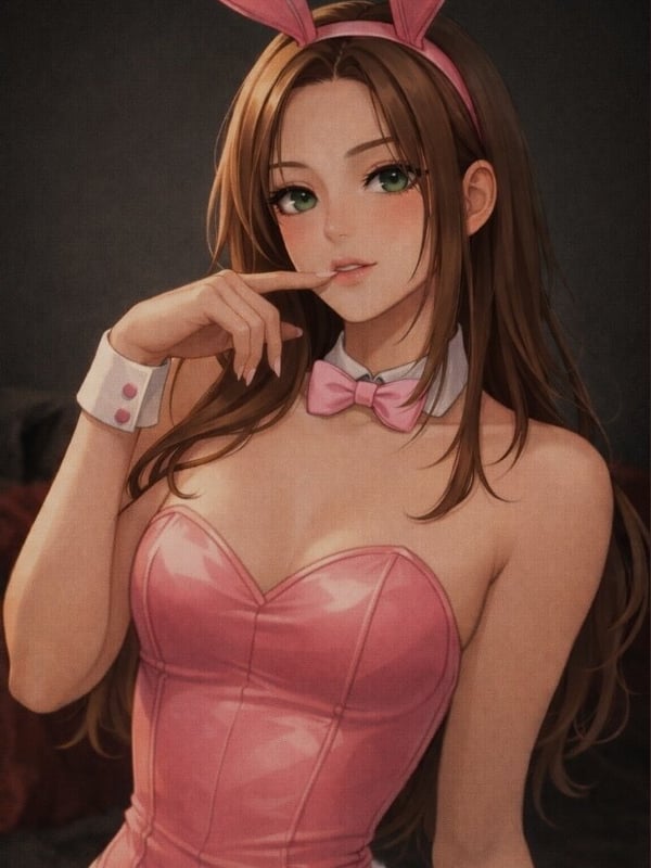 Anime-style illustration of a woman with long brown hair wearing pink bunny ears, bowtie, and corset, posing playfully.