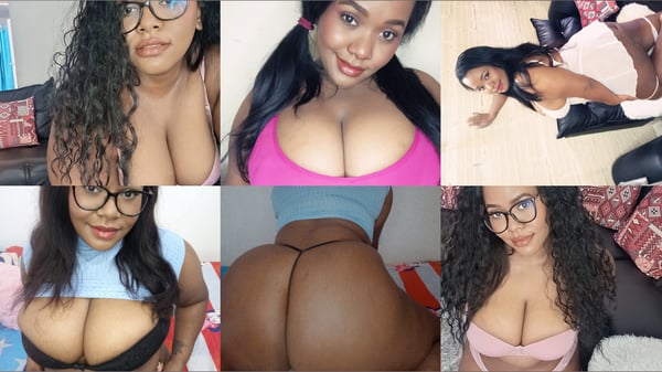 A collage of a woman with curly dark hair posing in various colorful outfits and glasses in indoor settings with furniture.