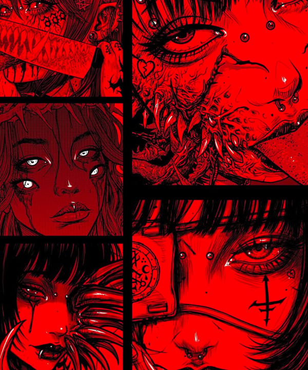 Artistic collage of stylized female faces with dramatic red tones, heavy makeup, and gothic elements.