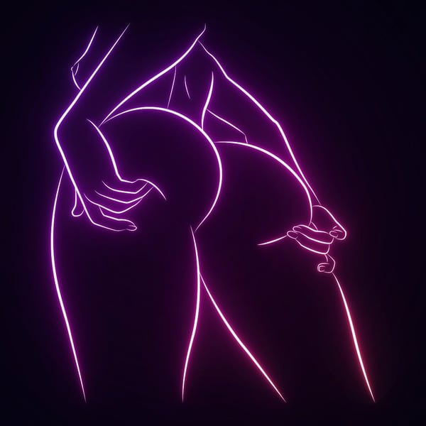 Neon outline silhouette of a woman posing with hands on her hips, emphasizing her figure against a dark background.