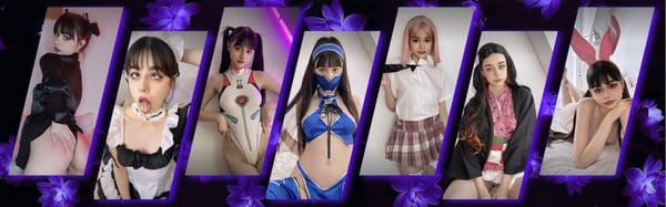 Collage of a young woman in various colorful anime-style costumes and outfits posing dynamically against vibrant backgrounds.