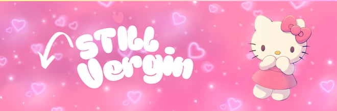 A colorful Hello Kitty themed graphic with pink background and text overlay saying 'still virgin'.