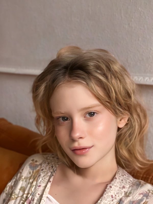 A young woman with wavy blonde hair smiling softly while seated on a couch wearing a floral-patterned top.