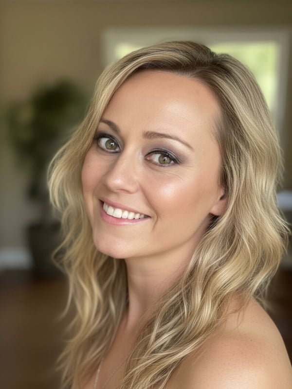 A close-up portrait of a smiling woman with wavy blonde hair and green eyes in a warmly lit indoor setting.