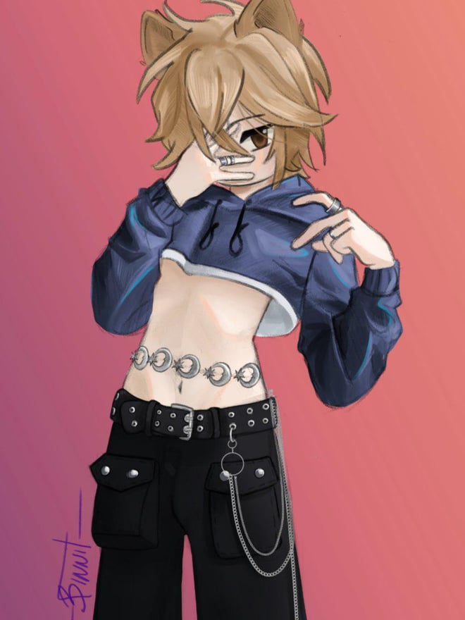 An anime-style illustration of a character with fluffy blonde hair and cat ears, dressed in a blue crop hoodie and black pants with chains, against a pink background.