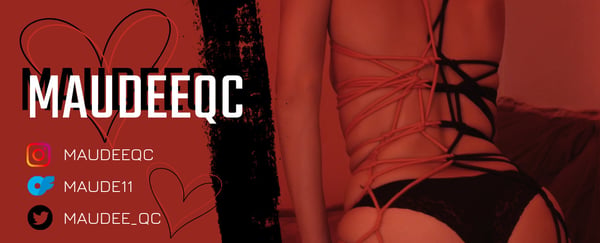 A woman posing from behind in a red room, wearing black straps and lingerie with social media handles overlaid.