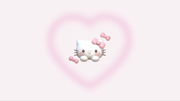A cute cartoon Hello Kitty character with pink bows on a soft pink heart background.