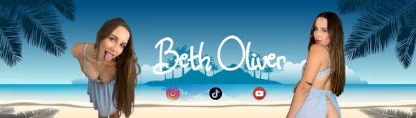 Young woman in a light blue bikini posing playfully on a beach with palm trees and ocean in the background, her name stylized in neon letters.