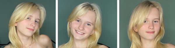 Three close-up portraits of a young blonde woman smiling softly against a green background.
