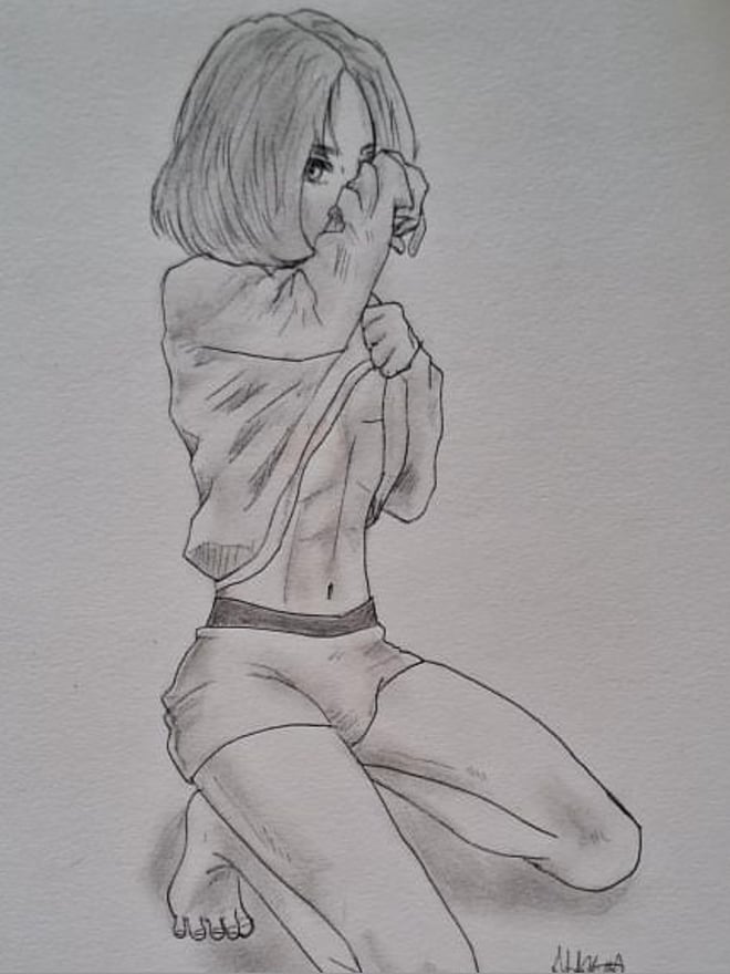 A black and white sketch of a youthful person with short hair kneeling and lifting their shirt to reveal toned abs, wearing shorts.