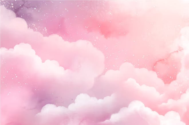 A dreamy pink-and-white cloudscape with soft pastel tones and sparkling accents.