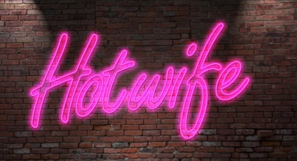 Neon pink 'Hotwife' sign illuminated against a dark brick wall background.