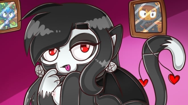 Animated character with black hair, red eyes, and cat-like features posing playfully in a purple room with framed artwork on the walls.