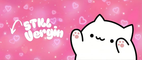 Cute animated cat character waving with pink sparkly hearts and 'still virgin' text on a vibrant pink background.