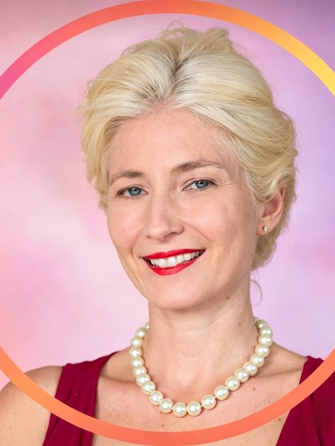 A smiling blonde woman wearing a pearl necklace poses against a colorful circular background.