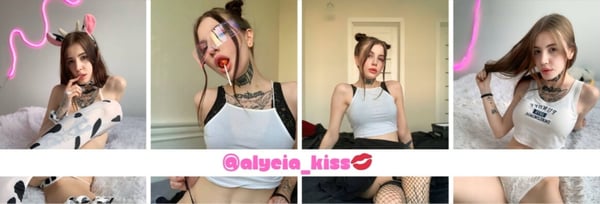 A young woman with tattoos and piercings posing in various creative outfits and styles, including casual tops and playful accessories, against indoor backgrounds.