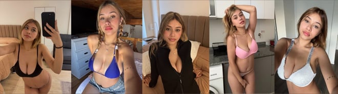 A collage of a young woman posing in various outfits and settings, including casual and swimwear styles.