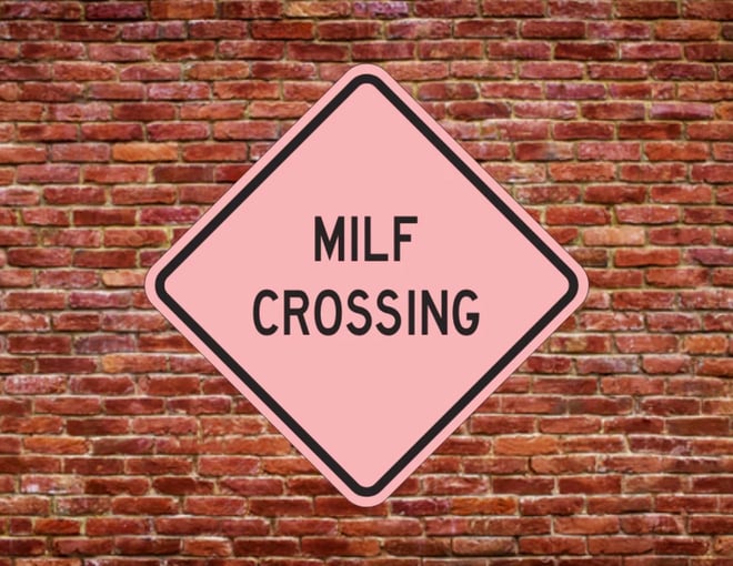 A pink 'MILF Crossing' sign displayed against a brick wall background.