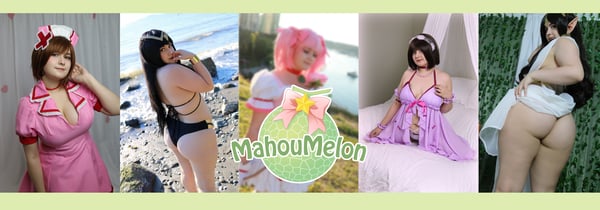 Collage of a cosplayer in various colorful costumes and outfits posing in different settings, including beach and garden backgrounds, with the username overlaid.