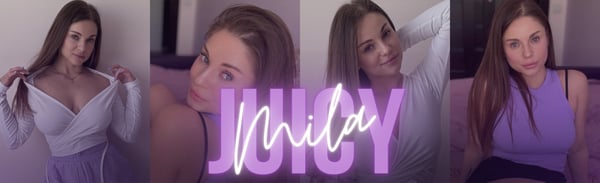 A young woman with long brown hair posing in various outfits including white and purple tops against indoor backgrounds, with her stylized name overlaid.