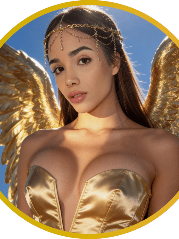 A close-up portrait of a person with long brown hair, wearing a golden headpiece and satin top, with large golden wings visible behind them.