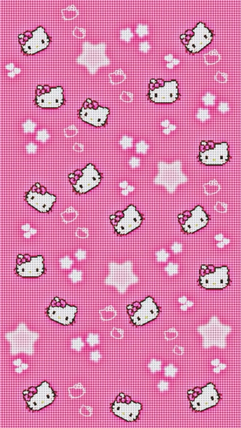 Pink background featuring a repeating pattern of Hello Kitty characters and white stars.