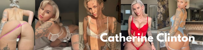 A woman with blonde hair posing in various lingerie outfits in indoor settings, showcasing tattoos and confident expressions.